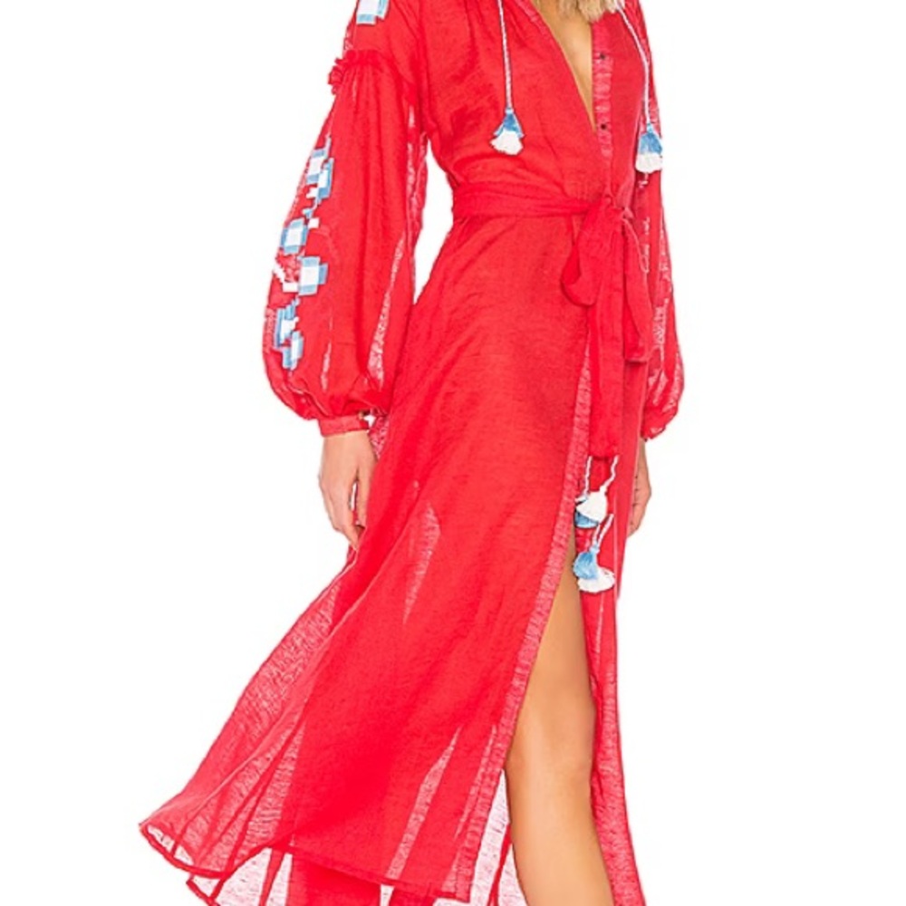 NWT MARCH11 Linen Summer Vacation Dress ALL RED Embroidered Sz M (8/10)